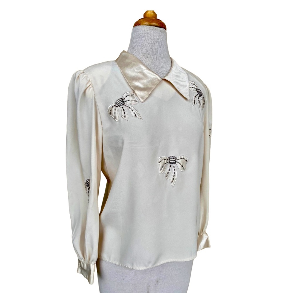Vtg 80's Ivory Nilani Blouse Hand Beaded Bow Appliqué Puff Shoulder Victorian 6